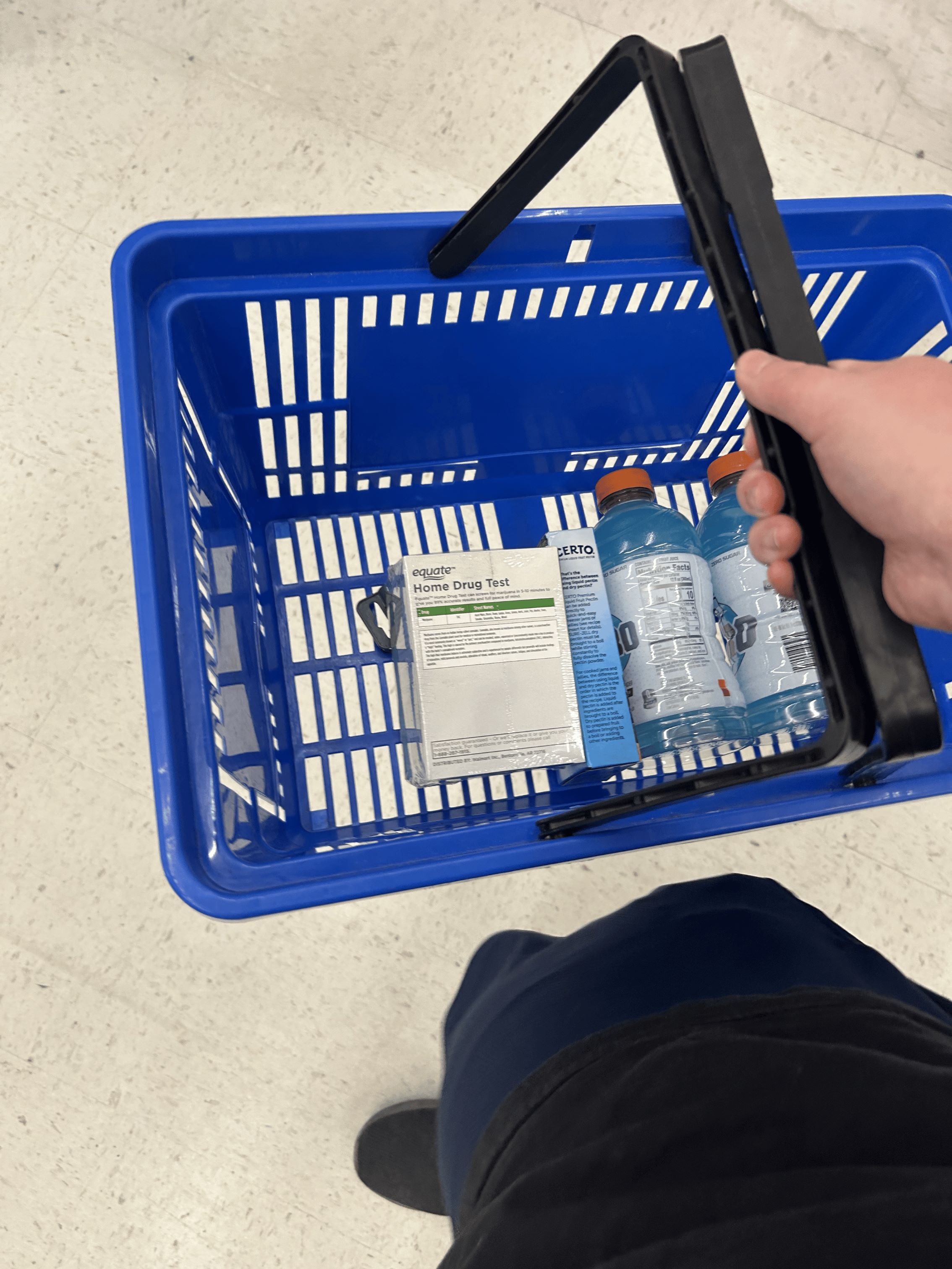 Image of a Walmart basket with Certo, Gatorade, and an at home marijuana drug test.